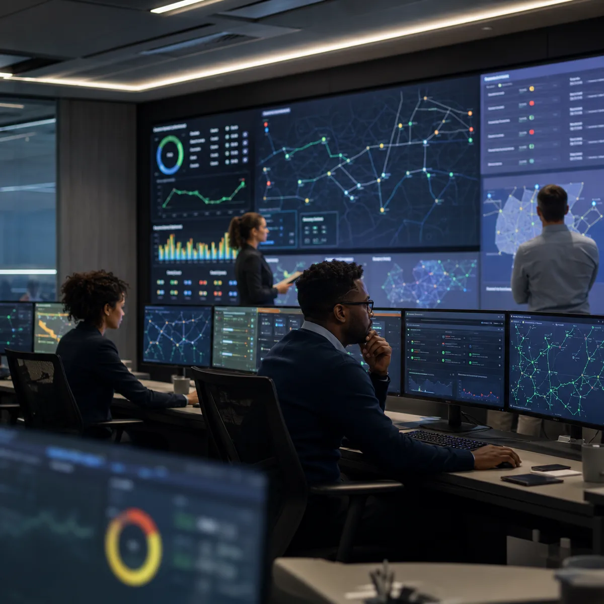 Grid operators monitoring a network operations centre with a large video wall