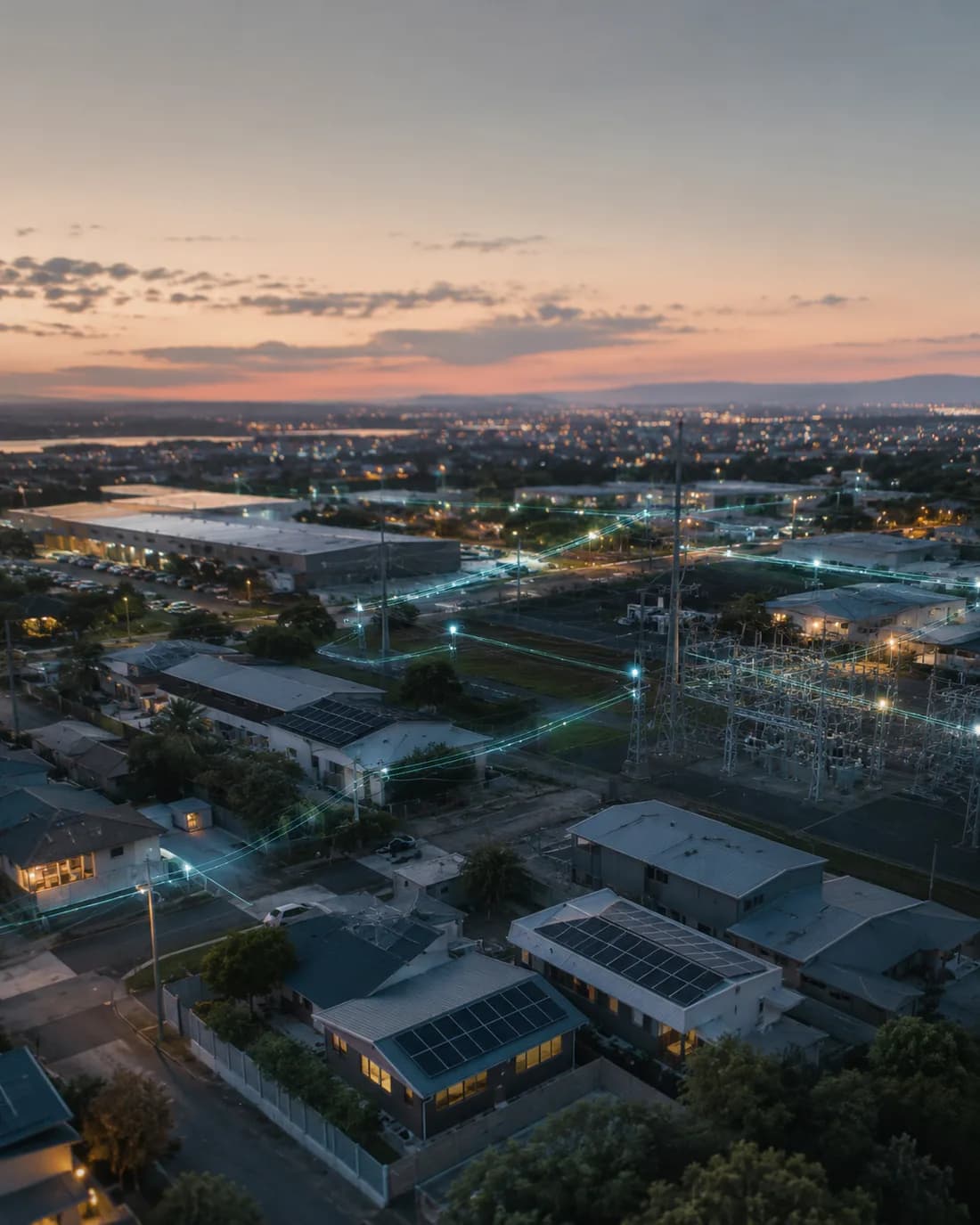 Distributed solar and a substation connected across a South African grid edge at dusk